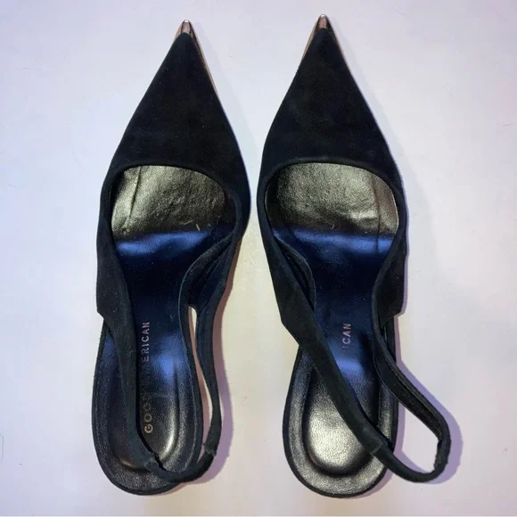 Good American Black Suede Leather Slingback Pointed Toe Pump Heels 7.5 - Picture 2 of 6